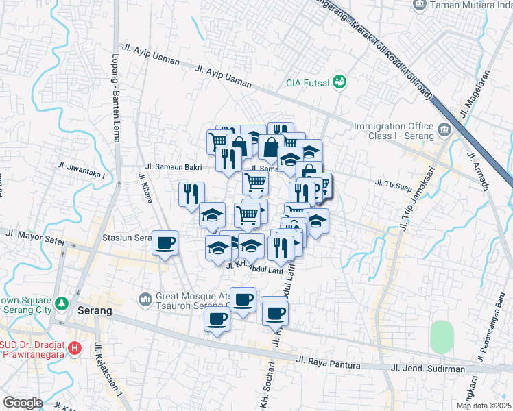 map of restaurants, bars, coffee shops, grocery stores, and more near Jalan Swadaya in Kota Serang