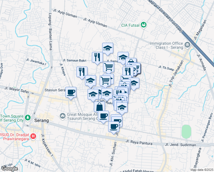 map of restaurants, bars, coffee shops, grocery stores, and more near Jalan Swadaya in Kota Serang