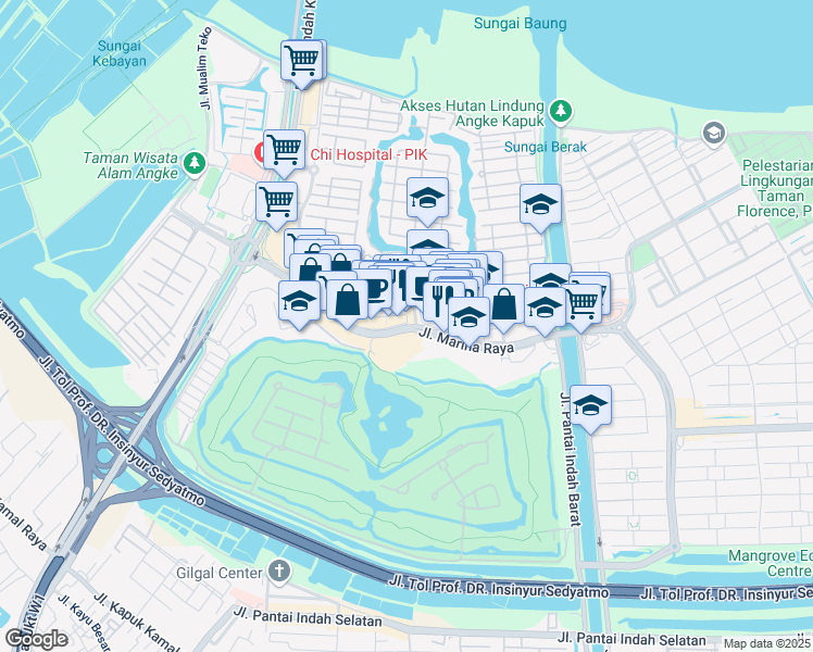 map of restaurants, bars, coffee shops, grocery stores, and more near Marina Indah in Kota Jakarta Utara