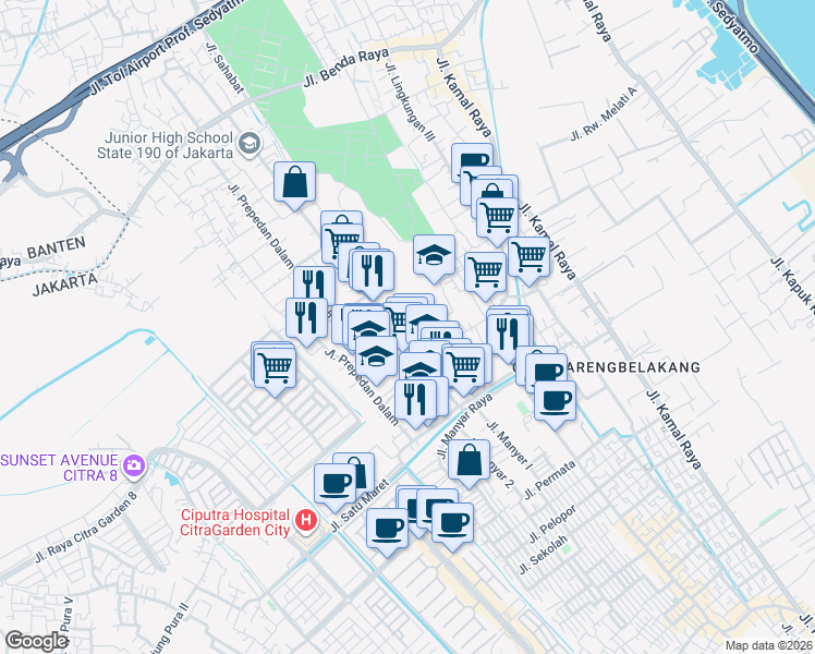 map of restaurants, bars, coffee shops, grocery stores, and more near 86 Jalan Prepedan Raya in Kota Jakarta Barat