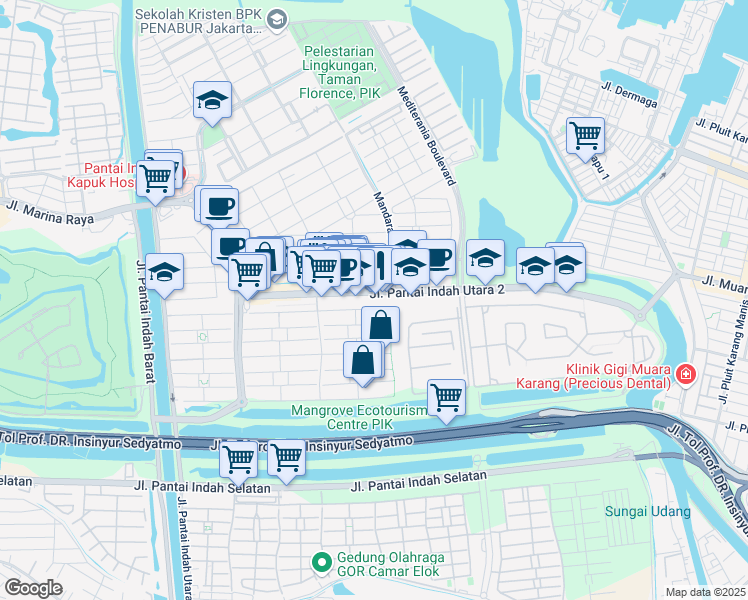 map of restaurants, bars, coffee shops, grocery stores, and more near Jalan Pantai Indah Utara 2 in Jakarta Capital Region