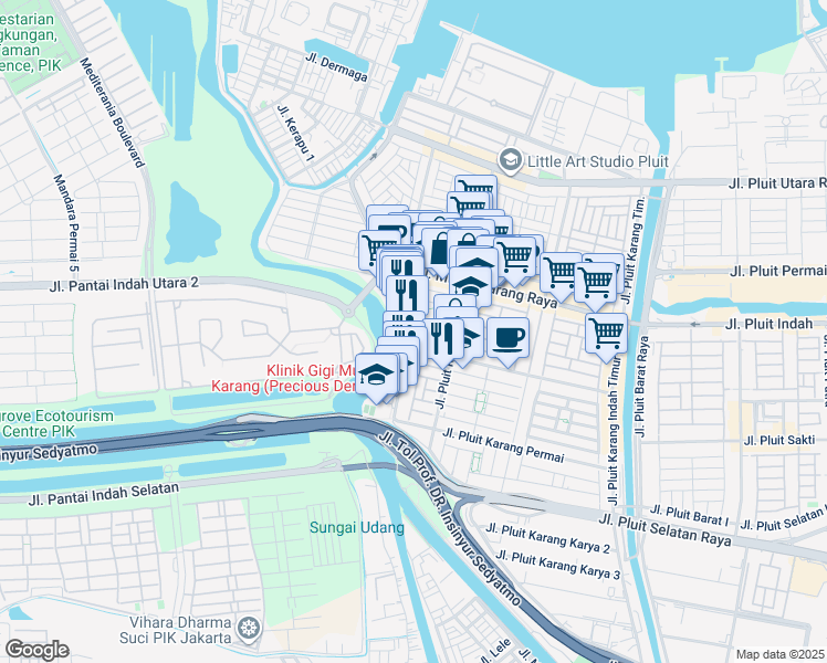 map of restaurants, bars, coffee shops, grocery stores, and more near Jalan Pluit Karang Manis XIII in Kota Jakarta Utara