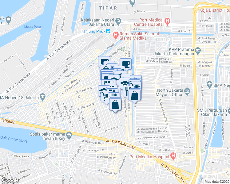 map of restaurants, bars, coffee shops, grocery stores, and more near Jalan Ganggeng in Kota Jakarta Utara