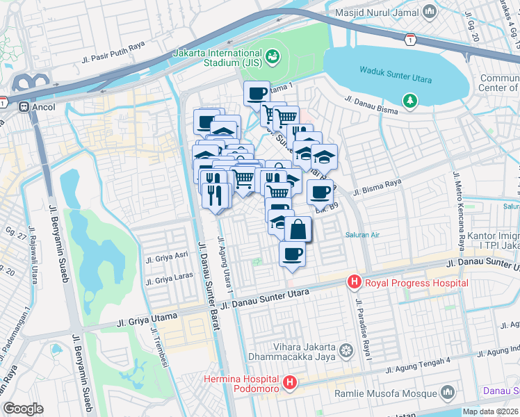 map of restaurants, bars, coffee shops, grocery stores, and more near 62 Jalan Sunter Permai Jaya 5 in Kota Jakarta Utara