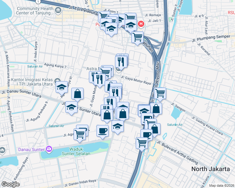 map of restaurants, bars, coffee shops, grocery stores, and more near Jalan Gaya Motor 1 in Jakarta Utara