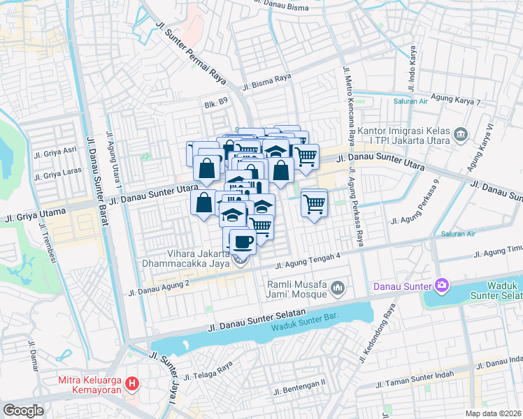 map of restaurants, bars, coffee shops, grocery stores, and more near Jalan Benyamin Sueb in Kota Jakarta Utara