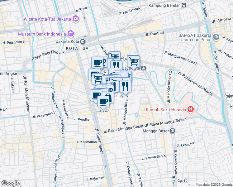 map of restaurants, bars, coffee shops, grocery stores, and more near in West Jakarta City