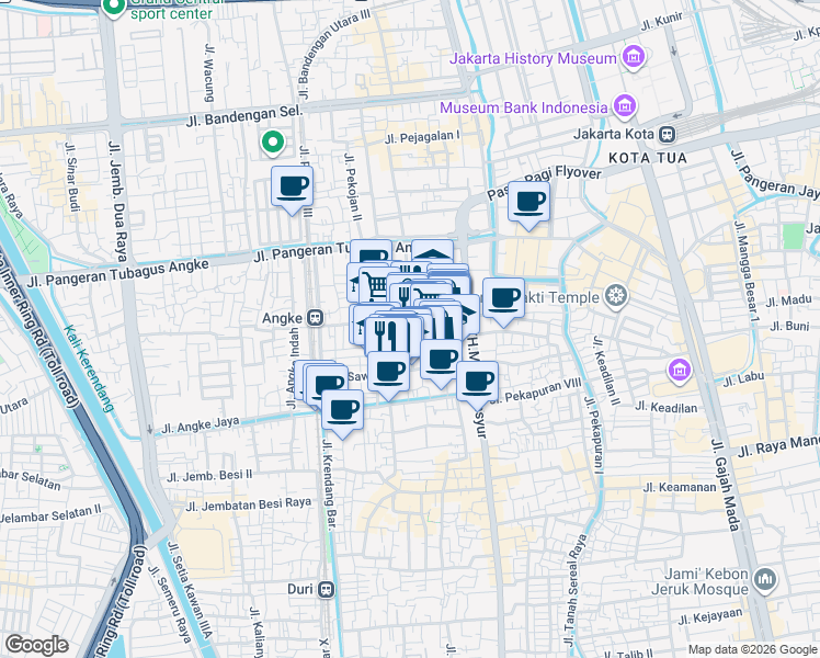 map of restaurants, bars, coffee shops, grocery stores, and more near in West Jakarta City