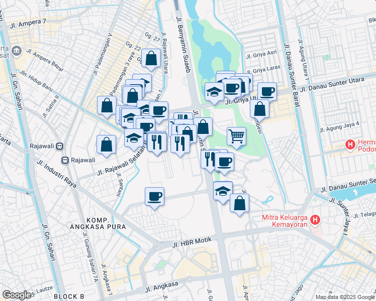 map of restaurants, bars, coffee shops, grocery stores, and more near Jalan Benyamin Sueb in Kota Jakarta Utara