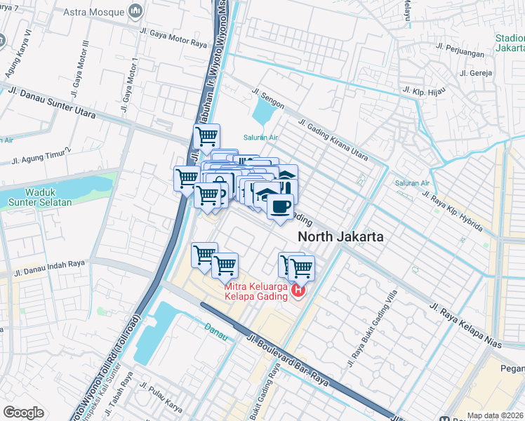 map of restaurants, bars, coffee shops, grocery stores, and more near 5 Jalan Boulevard Artha Gading in Kota Jakarta Utara