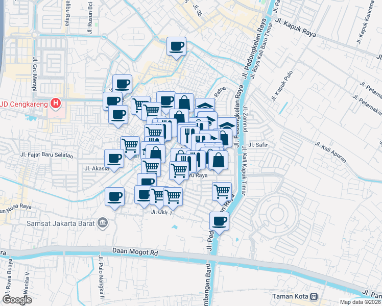 map of restaurants, bars, coffee shops, grocery stores, and more near Jalan Pedongkelan Raya in Kota Jakarta Barat