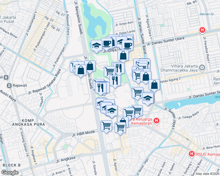 map of restaurants, bars, coffee shops, grocery stores, and more near Jalan Benyamin Sueb in Kota Jakarta Utara