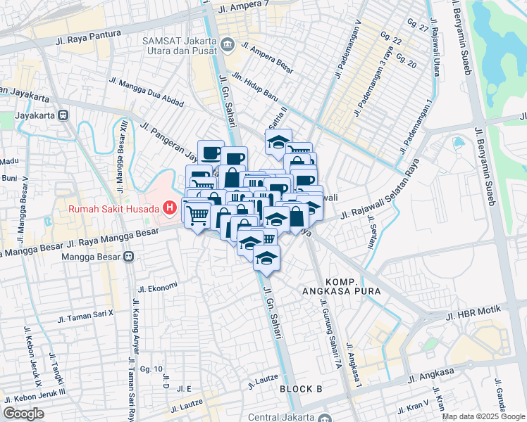 map of restaurants, bars, coffee shops, grocery stores, and more near 34 Jalan Gunung Sahari 12 in Kota Jakarta Pusat