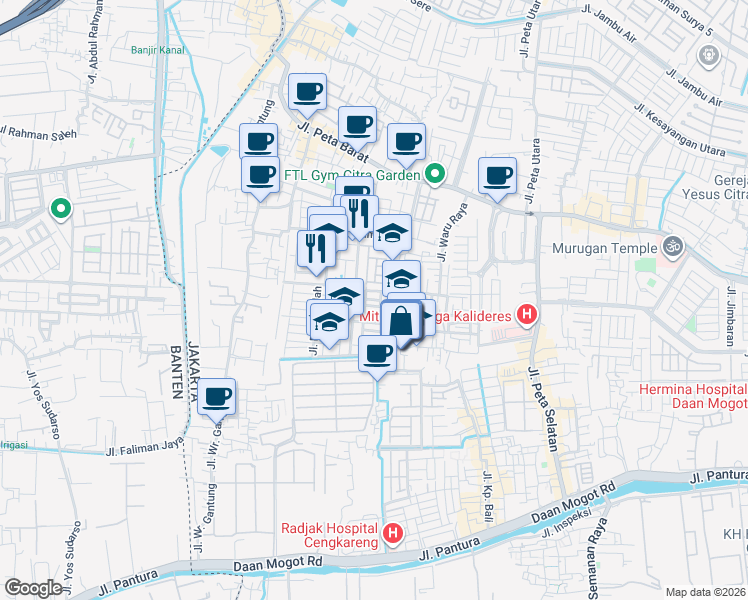 map of restaurants, bars, coffee shops, grocery stores, and more near 5 Jalan Bukit Hijau 7 in Kota Jakarta Barat
