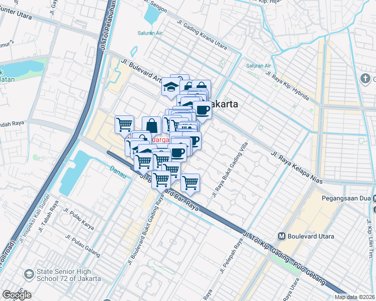 map of restaurants, bars, coffee shops, grocery stores, and more near Jalan Bukit Gading Raya in North Jakarta