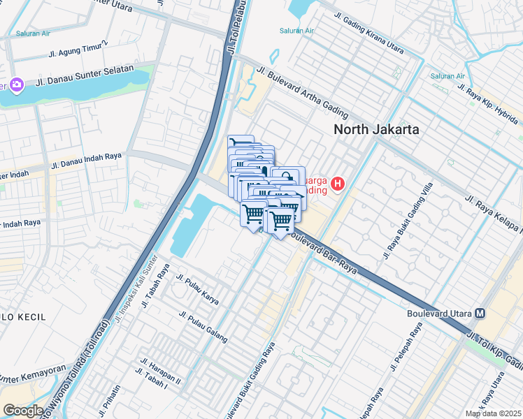 map of restaurants, bars, coffee shops, grocery stores, and more near Jalan Boulevard Barat Raya in Kota Jakarta Utara