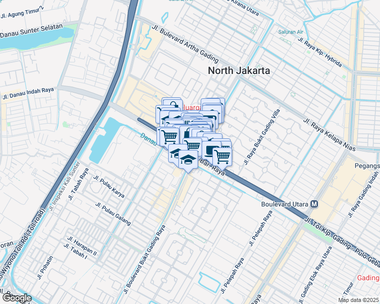 map of restaurants, bars, coffee shops, grocery stores, and more near Jalan Boulevard Barat Raya in Kota Jakarta Utara