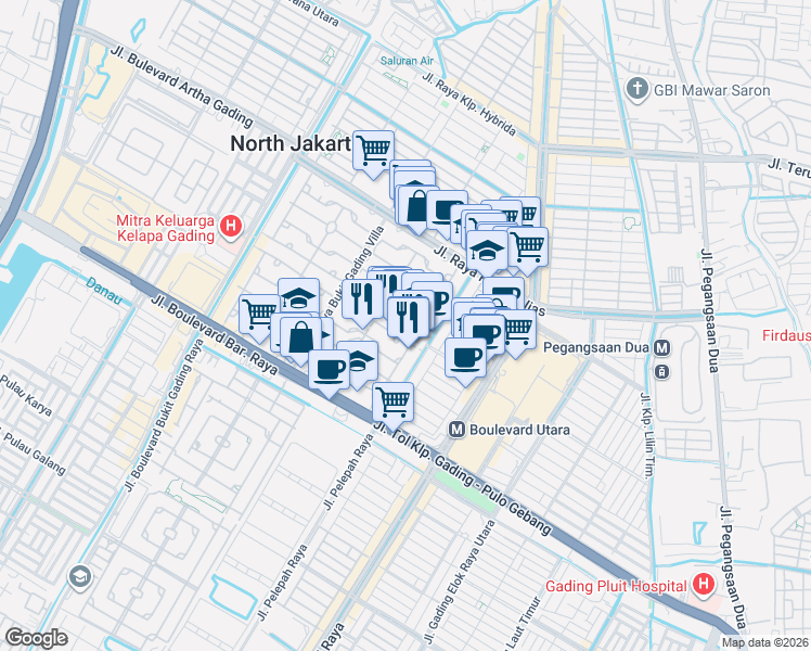map of restaurants, bars, coffee shops, grocery stores, and more near 95 Jalan Kintamani 1 in Jakarta Utara