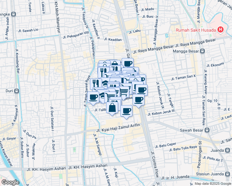 map of restaurants, bars, coffee shops, grocery stores, and more near Jalan Kejayaan Belakang in Kota Jakarta Barat