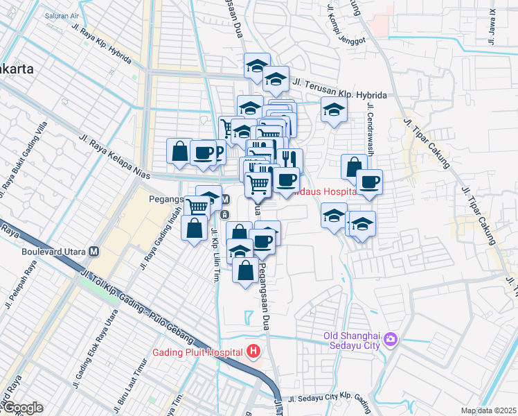 map of restaurants, bars, coffee shops, grocery stores, and more near Jalan Pegangsaan Dua in Kota Jakarta Utara