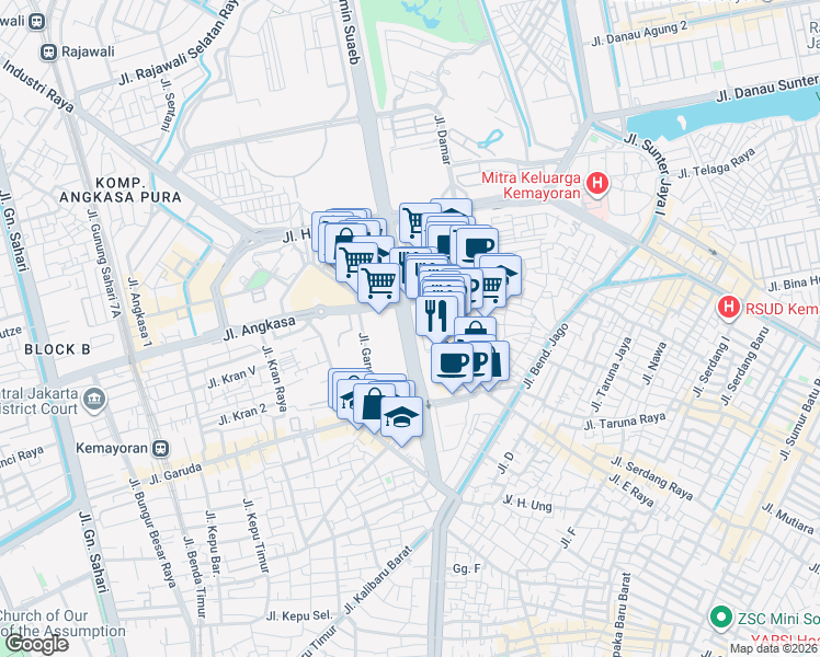 map of restaurants, bars, coffee shops, grocery stores, and more near JalanBenyamin Suaeb in Kota Jakarta Pusat