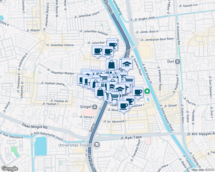 map of restaurants, bars, coffee shops, grocery stores, and more near Jalan Jelambar Selatan XVI in Kota Jakarta Barat