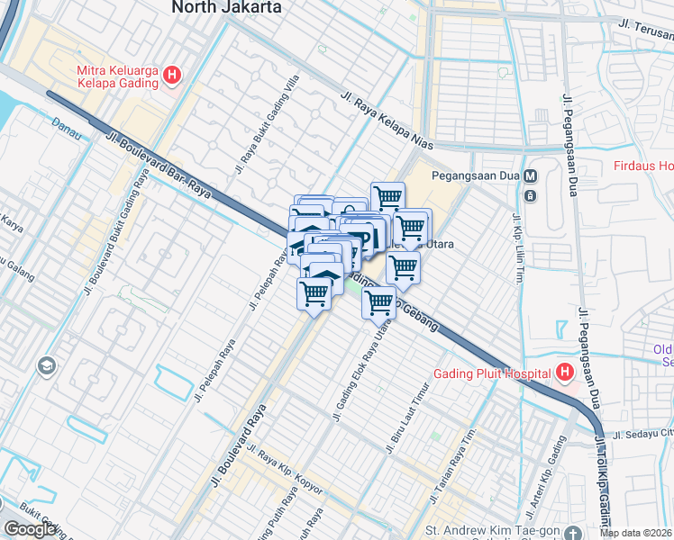 map of restaurants, bars, coffee shops, grocery stores, and more near 16 Bundaran Kelapa Gading in Kota Jakarta Utara