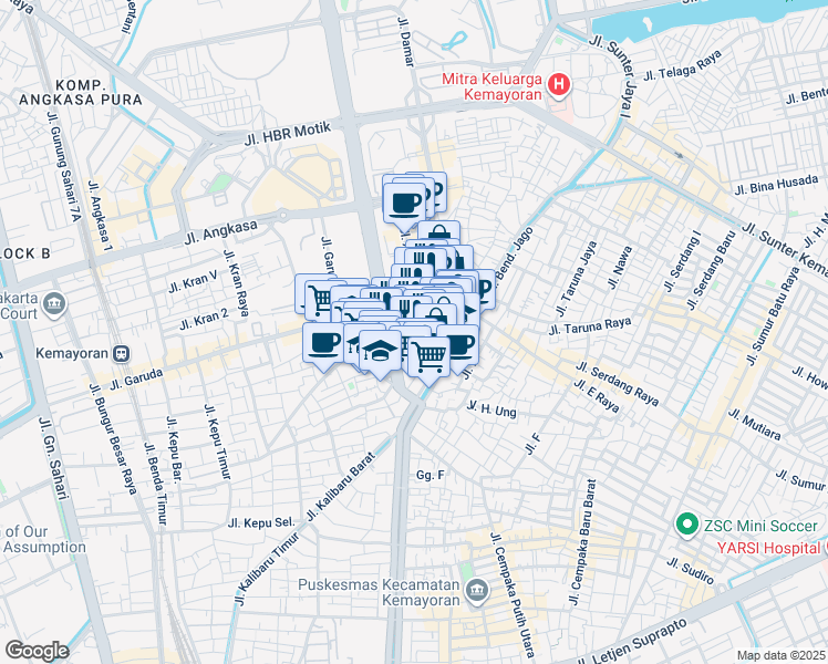 map of restaurants, bars, coffee shops, grocery stores, and more near 13 Jalan Benyamin Sueb in Kota Jakarta Pusat