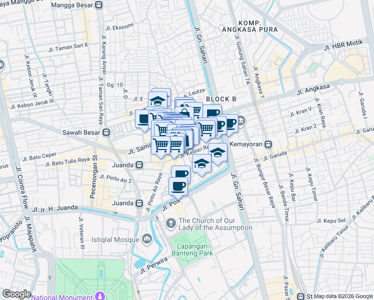 map of restaurants, bars, coffee shops, grocery stores, and more near Jalan Gereja Ayam in Kota Jakarta Pusat