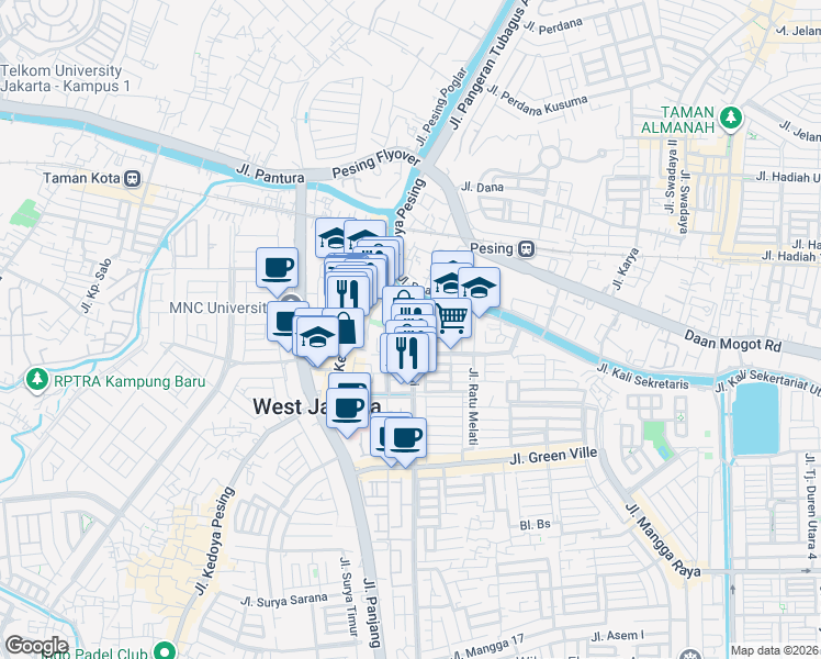 map of restaurants, bars, coffee shops, grocery stores, and more near 32 Jalan Ratu Teratai in Kota Jakarta Barat