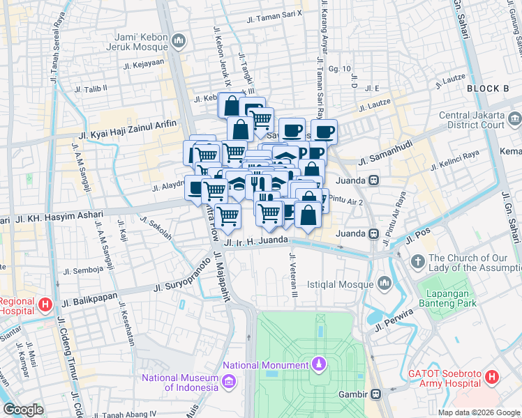 map of restaurants, bars, coffee shops, grocery stores, and more near Jalan Ir. Haji Juanda 3 in Kota Jakarta Pusat