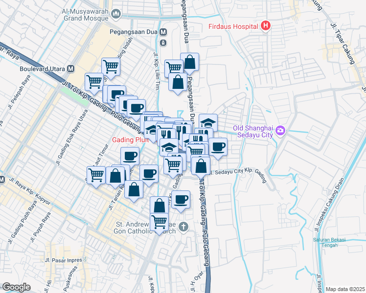 map of restaurants, bars, coffee shops, grocery stores, and more near Jalan Boulevard Timur in Kota Jakarta Utara