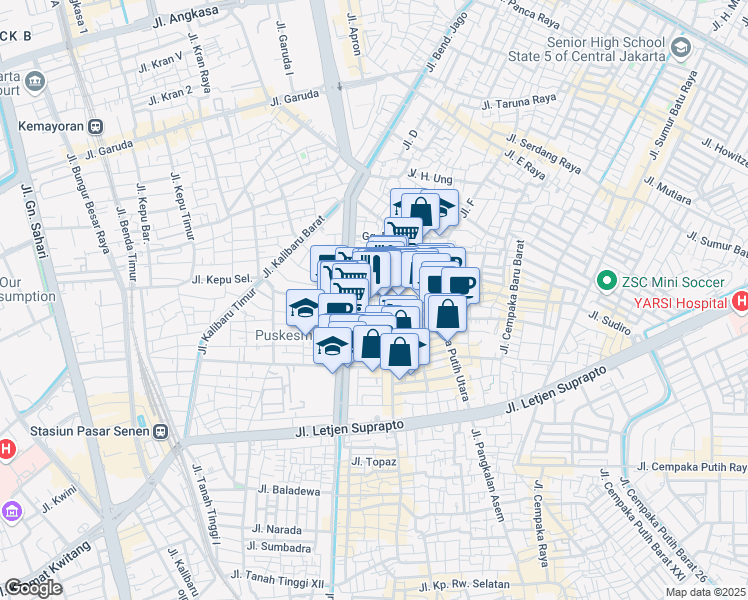 map of restaurants, bars, coffee shops, grocery stores, and more near 69 Jalan Utan Panjang III in Kota Jakarta Pusat