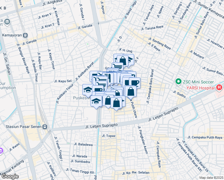 map of restaurants, bars, coffee shops, grocery stores, and more near 128 Jalan Sukamulia IV in Kota Jakarta Pusat