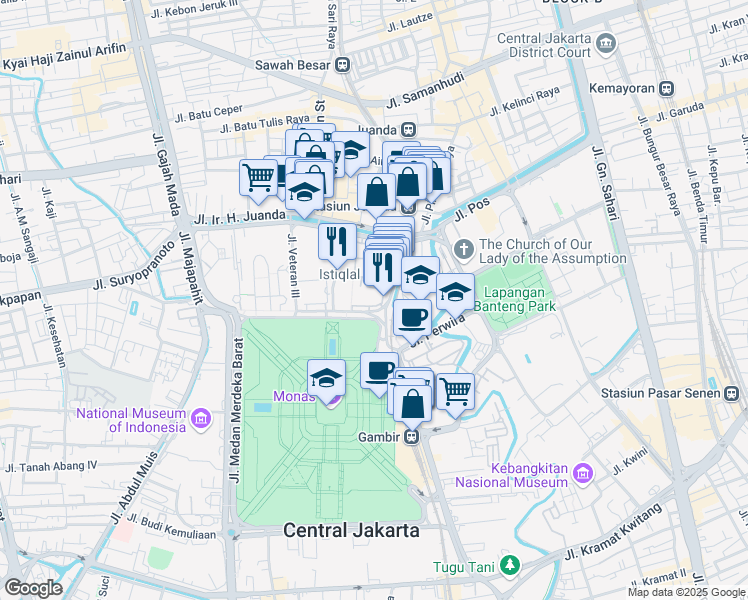 map of restaurants, bars, coffee shops, grocery stores, and more near 2 Jalan Medan Merdeka Utara in Kota Jakarta Pusat