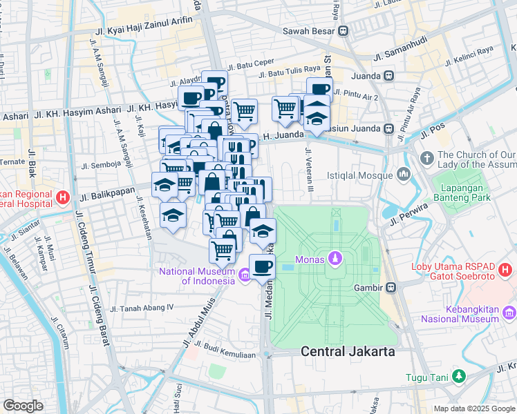 map of restaurants, bars, coffee shops, grocery stores, and more near 1 Jalan Medan Merdeka Barat in Kota Jakarta Pusat