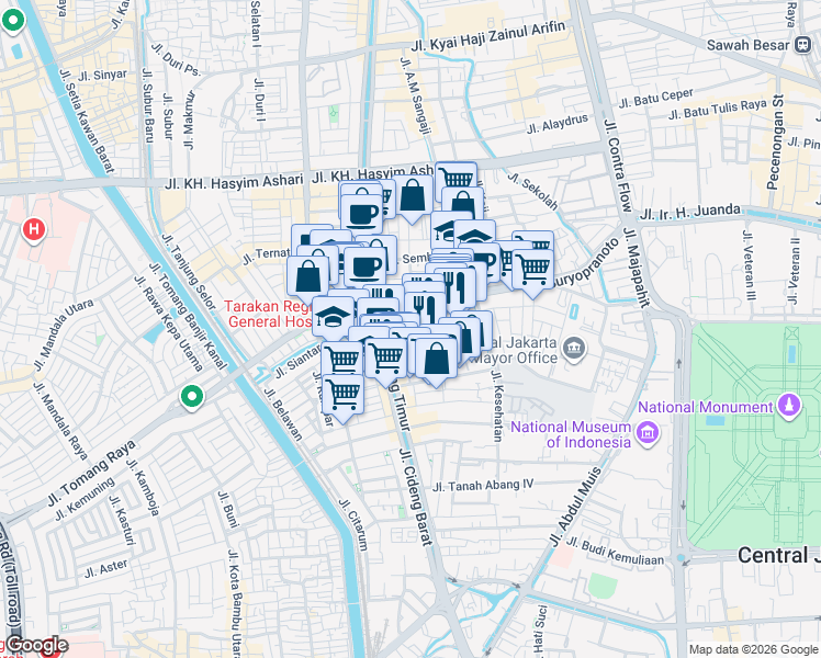 map of restaurants, bars, coffee shops, grocery stores, and more near in Central Jakarta City