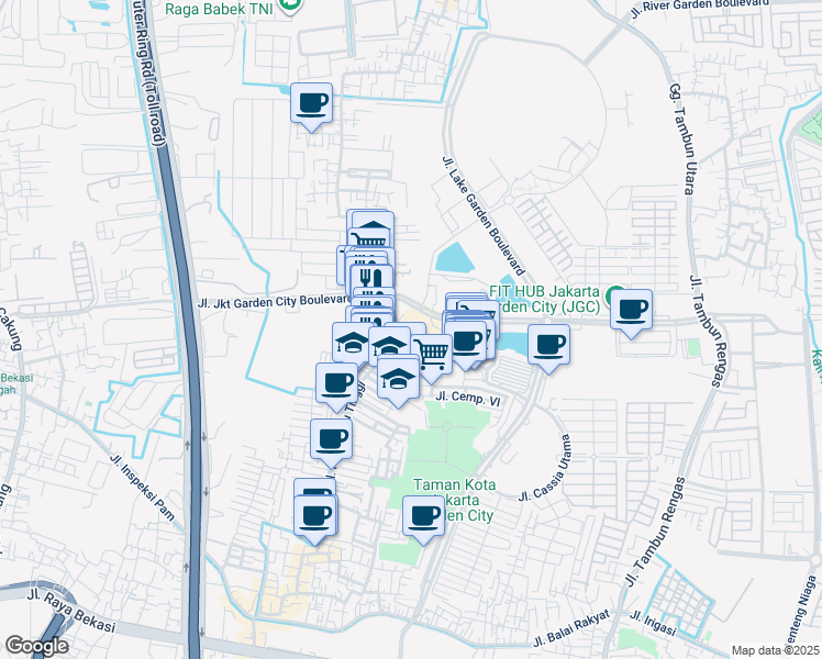 map of restaurants, bars, coffee shops, grocery stores, and more near 46 Jalan Cassia Utama in Kota Jakarta Timur