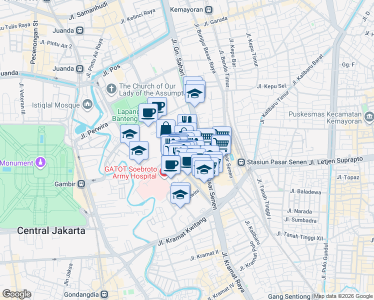 map of restaurants, bars, coffee shops, grocery stores, and more near in Central Jakarta City
