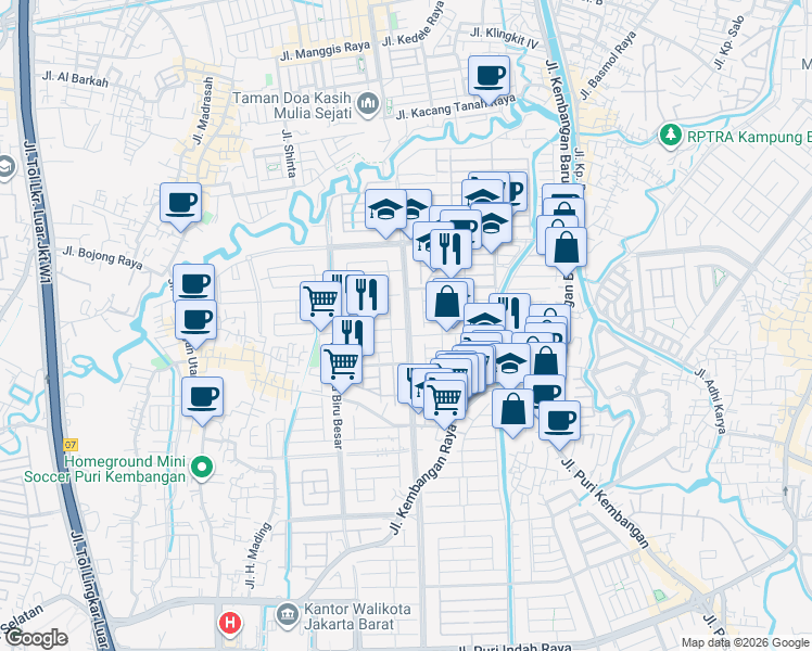 map of restaurants, bars, coffee shops, grocery stores, and more near Jalan Kembangan Utama in Kota Jakarta Barat