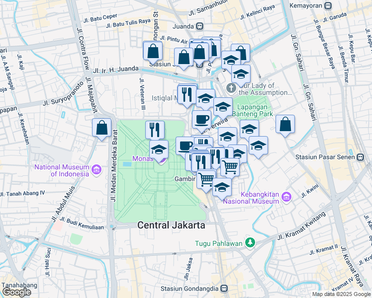 map of restaurants, bars, coffee shops, grocery stores, and more near 1 Jalan Medan Merdeka Timur in Kota Jakarta Pusat