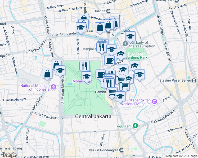 map of restaurants, bars, coffee shops, grocery stores, and more near Jalan Silang Monas Timur Laut in Kota Jakarta Pusat