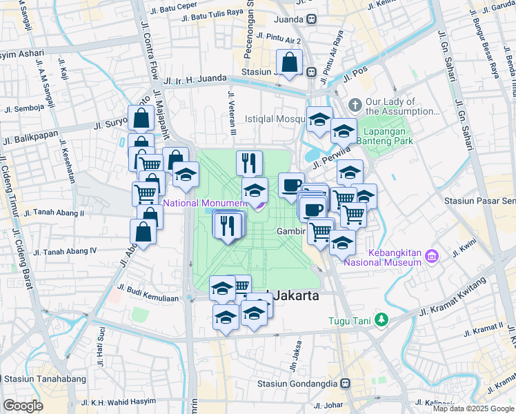 map of restaurants, bars, coffee shops, grocery stores, and more near in Central Jakarta City