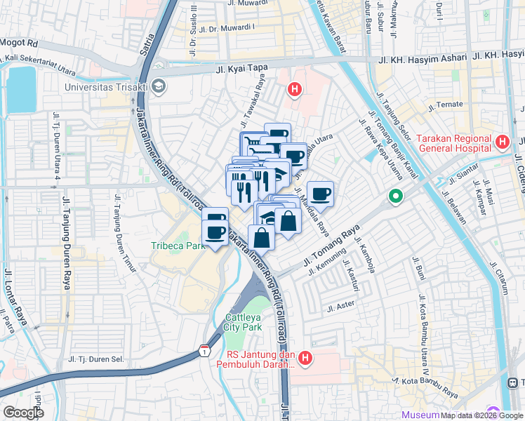 map of restaurants, bars, coffee shops, grocery stores, and more near 16 Jalan Gelong Baru Tengah in Kota Jakarta Barat