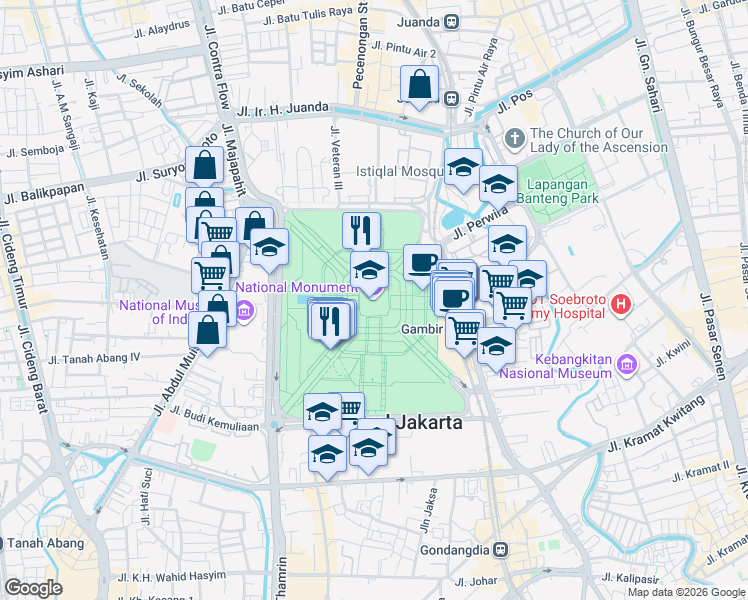 map of restaurants, bars, coffee shops, grocery stores, and more near 1 Jalan Tugu Monas in Kota Jakarta Pusat