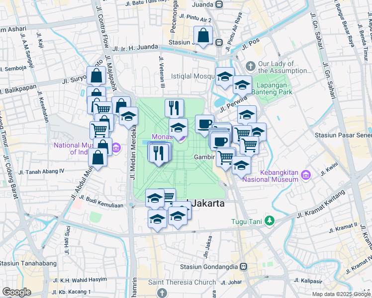 map of restaurants, bars, coffee shops, grocery stores, and more near in Central Jakarta City