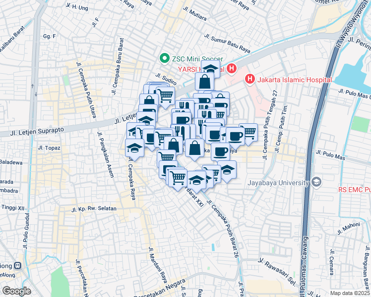 map of restaurants, bars, coffee shops, grocery stores, and more near 10 Jalan Cempaka Putih Raya in Kota Jakarta Pusat