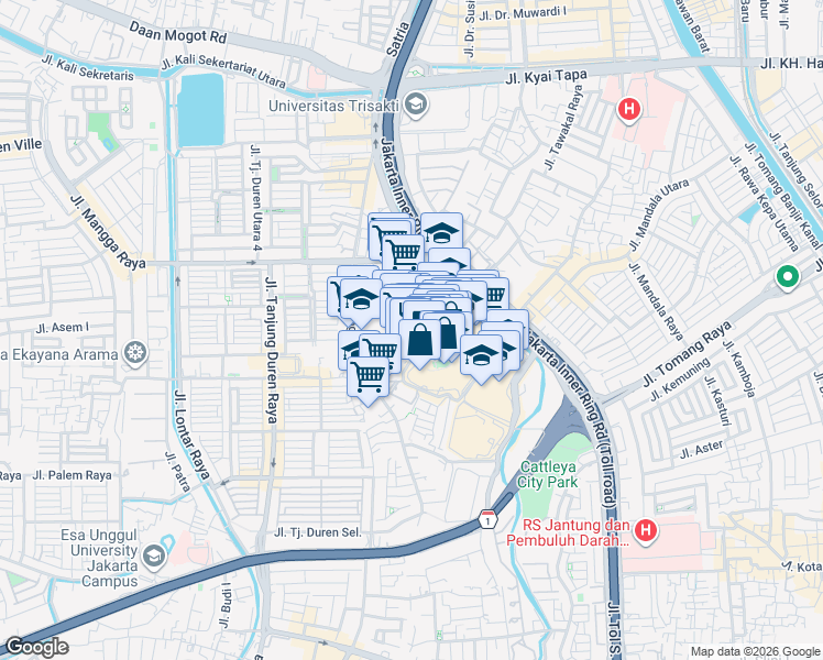 map of restaurants, bars, coffee shops, grocery stores, and more near 28 Jalan Letjen S. Parman in Kota Jakarta Barat