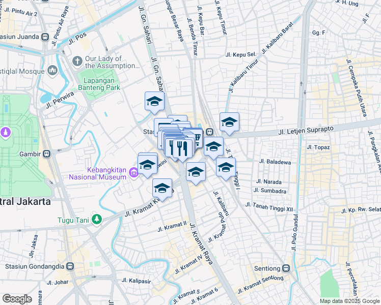 map of restaurants, bars, coffee shops, grocery stores, and more near Jalan Pasar Senen in Kota Jakarta Pusat
