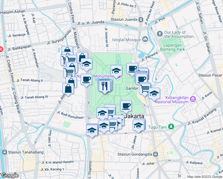 map of restaurants, bars, coffee shops, grocery stores, and more near Silang Monas Barat Daya in Kota Jakarta Pusat